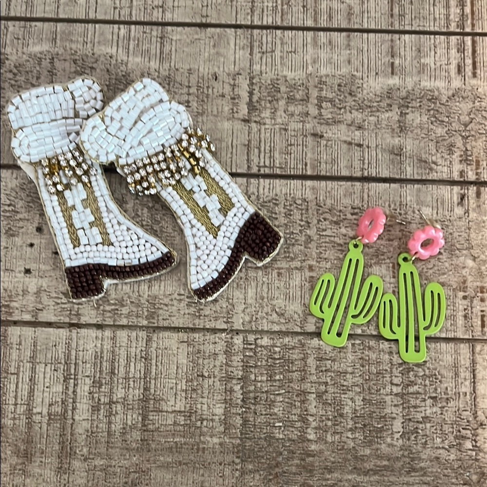 Beaded Cowboy Boot and Cactus Earrings Set